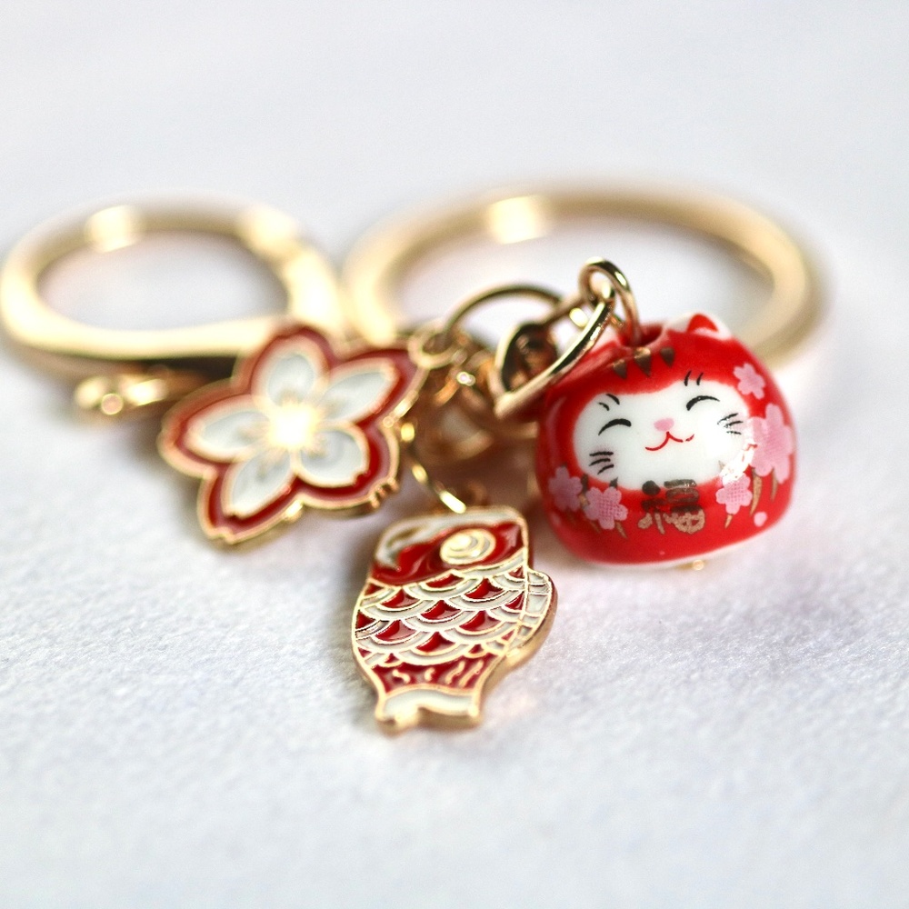 Lucky Cat Maneki Neko Keychain Bag Charm Kawaii Red Gold Fish Flower Japanese